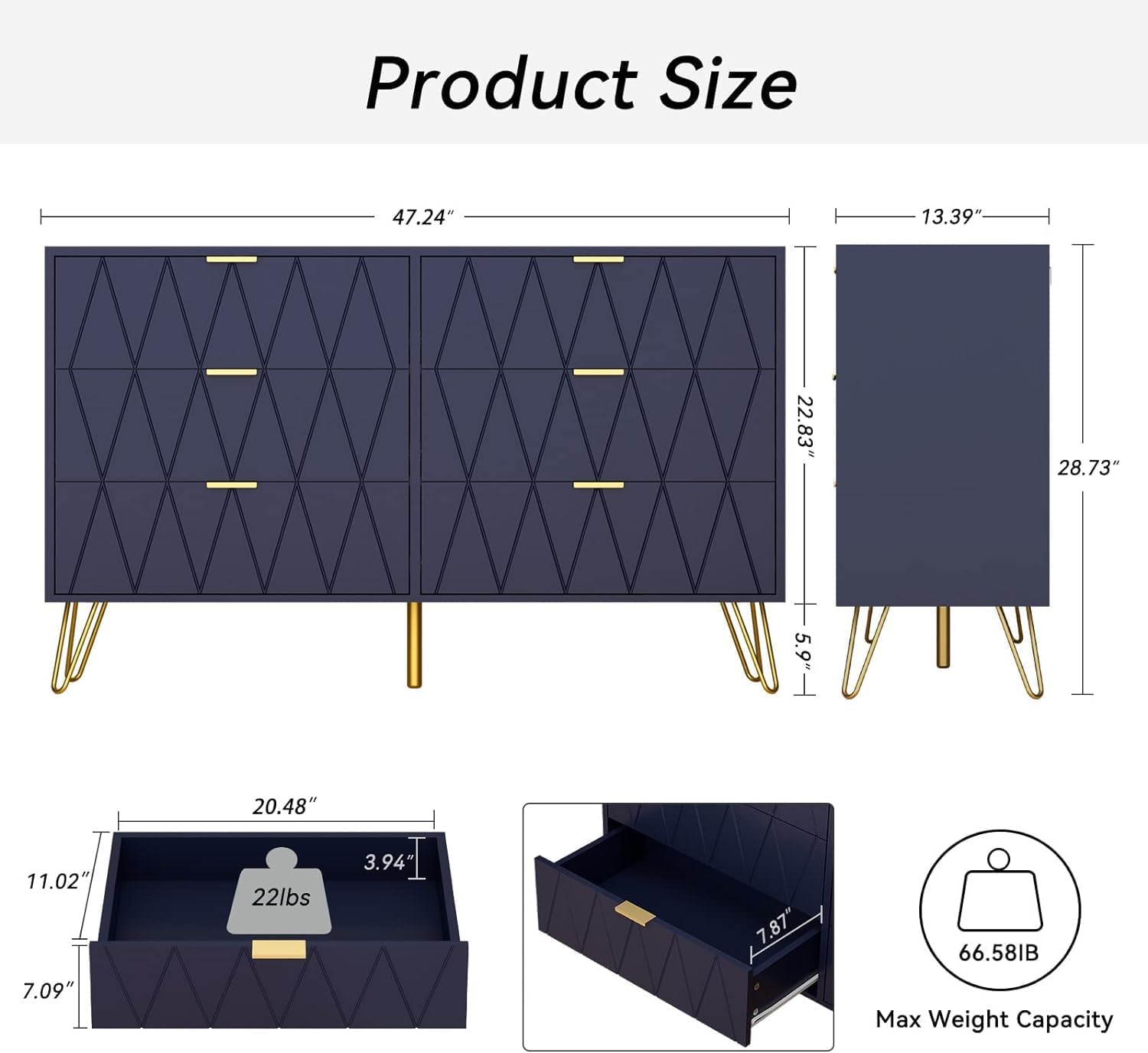 Anbuy Bedroom Sets Navy Blue Sets 3Pcs 6 Drawer Dresser and Night Stand Sets for Bedroom, Two Drawers Nightstand Set of 2 & 6 Drawer Dresser Combo 3 Pieces (Navy Blue)