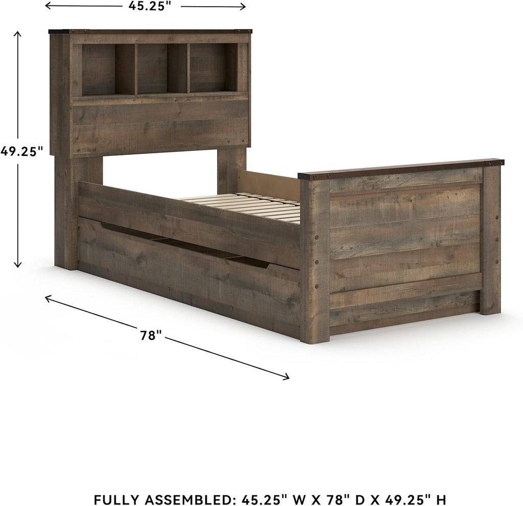 Signature Design by Ashley Trinell Casual Twin Bookcase Platform Bed with 1 Large Storage Drawer and Nailheads, Foundation or Box Spring Not Needed, Dark Brown
