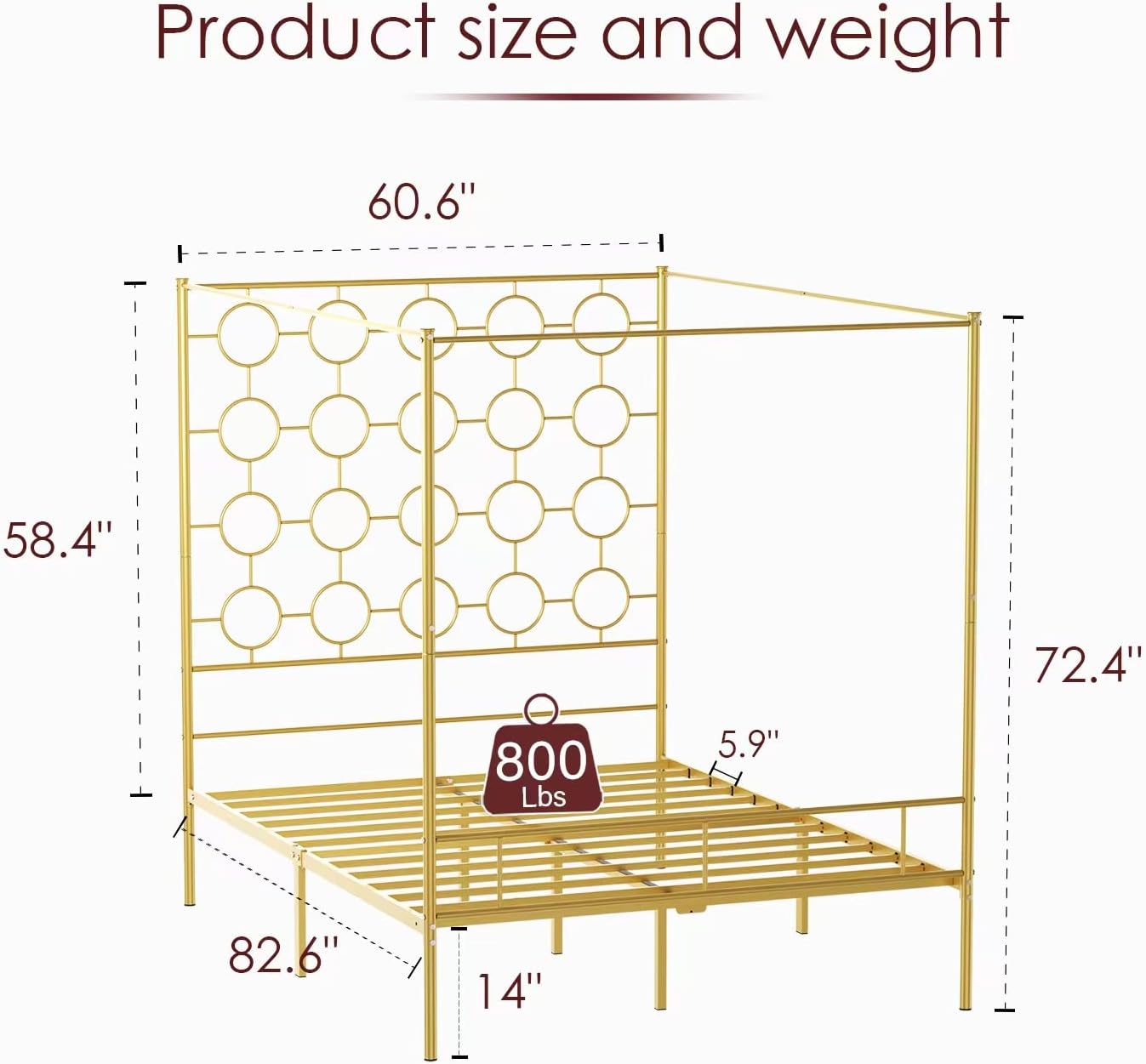 Gold Metal Canopy Bed Frame Queen/Mattress Foundation with Steel Slat Support/No Box Spring Needed/Easy Assembly (Gold, Queen)