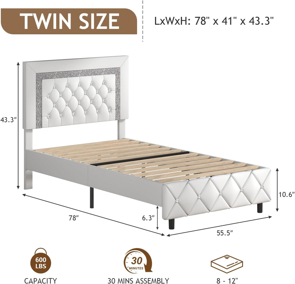 Twin Bed Frame, Faux Leather Platform Bed with Upholstered Diamond Headboard, Mattress Foundation with Strong Wooden Slats Support, No Box Spring Required, Easy Assembly, White