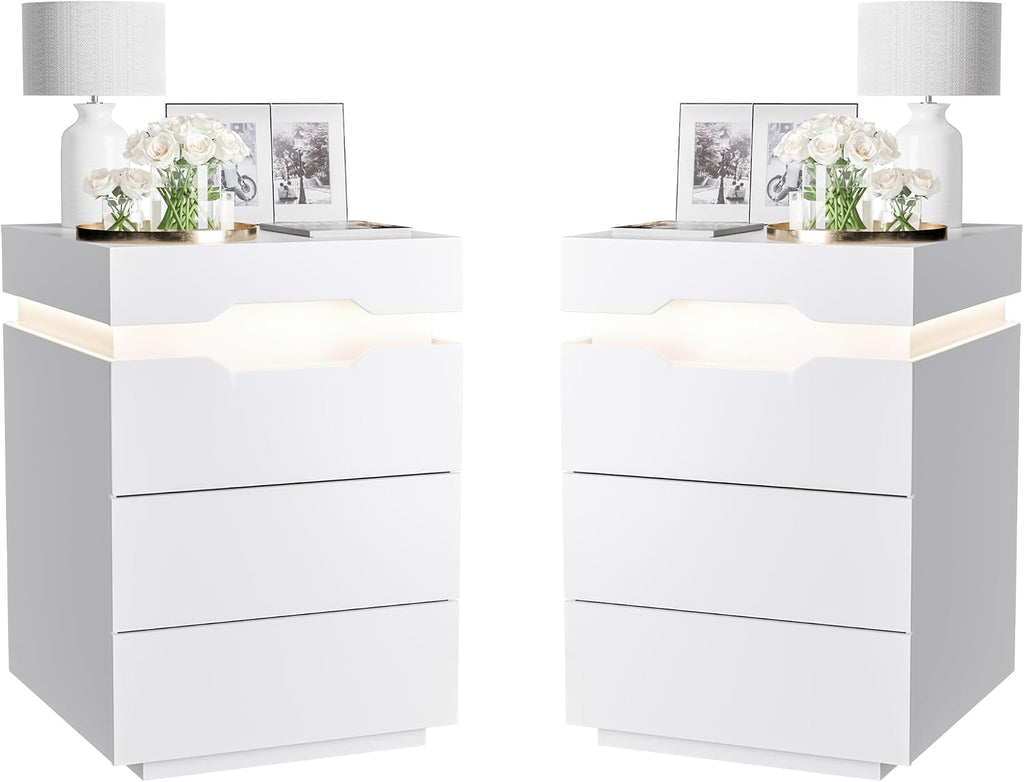 YESHOMY Nightstand with LED Light and Charging Station, Endtable with 3 Drawers, Bedside Table with Large Capacity, for Bedroom, Set of 2, 27.5' Height, White