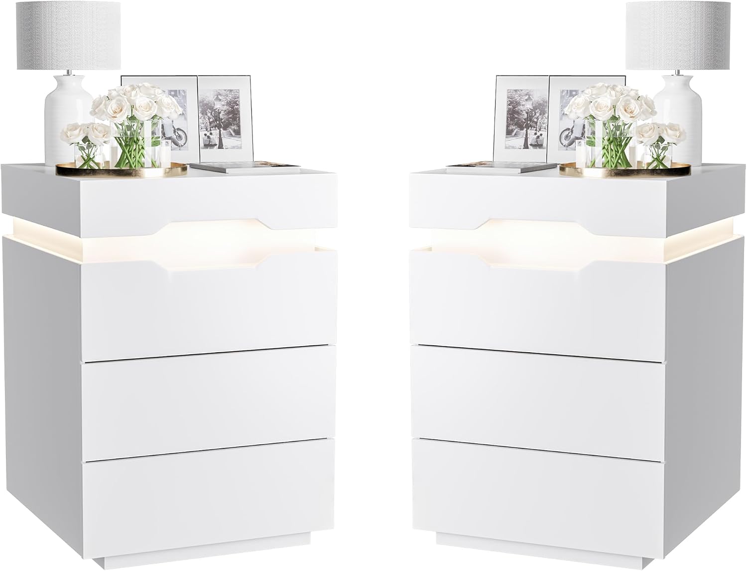YESHOMY Nightstand with LED Light and Charging Station, Endtable with 3 Drawers, Bedside Table with Large Capacity, for Bedroom, Set of 2, 27.5' Height, White