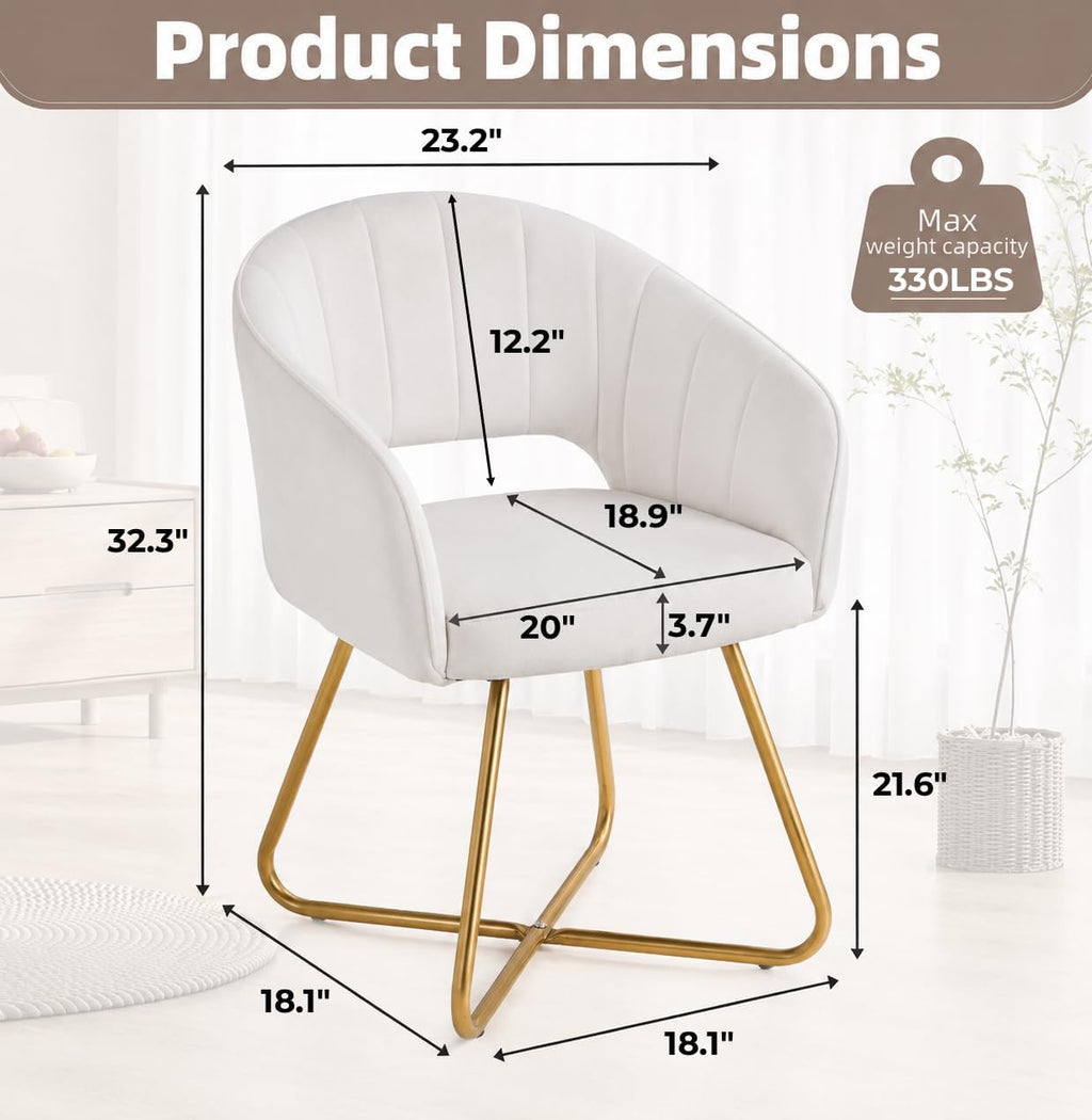 VECELO Velvet Accent Chair Set of 2, Luxury Vanity & Dining Chair with Gold Cross Base, 360°Swivel Upholstered Armchair for Living Room, Bedroom, Home Office, Pearl White