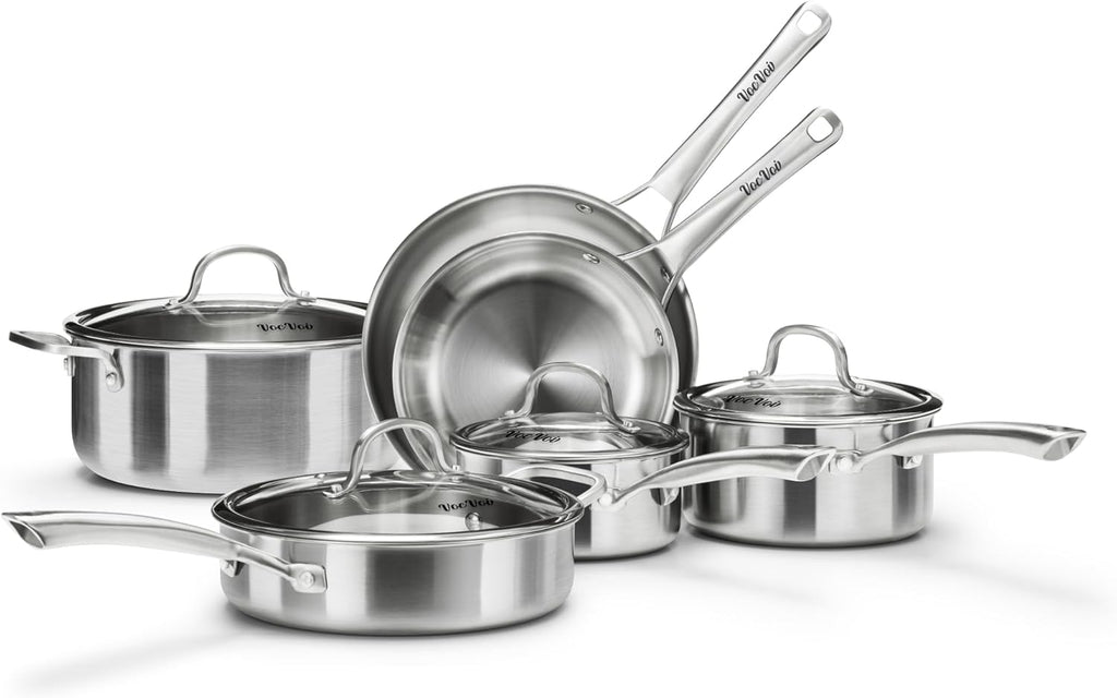 Stainless Steel Cookware Set,Tir-Ply Pots and Pans Set,10 Pcs Stainless Steel Induction Kitchen Cookware Sets,PFOA Free, Frying Pans, Butter warmer,Saute Pan & Stock Pot,Compatible with All Cooktops