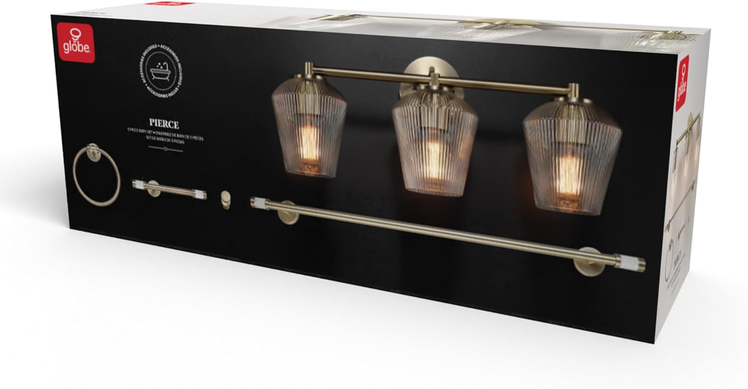 GLOBE Electric 63000063 5-Piece All-in-One Bathroom Set, Matte Brass Finish, 3-Light Vanity Light, Glass Shades, Towel Bar, Toilet Paper Holder, Towel Ring, Robe Hook, Bathroom Lights Over Mirror