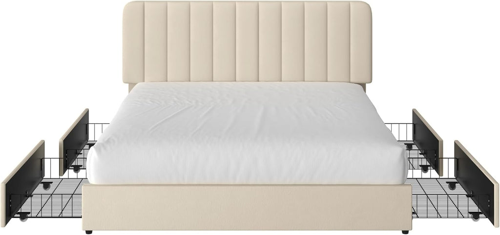VECELO King Size Upholstered Bed Frame with 4 Drawers and Headboard, Velvet Platform Storage Bedframe, Wooden Slats Support, No Box Spring Needed,Bone Beige