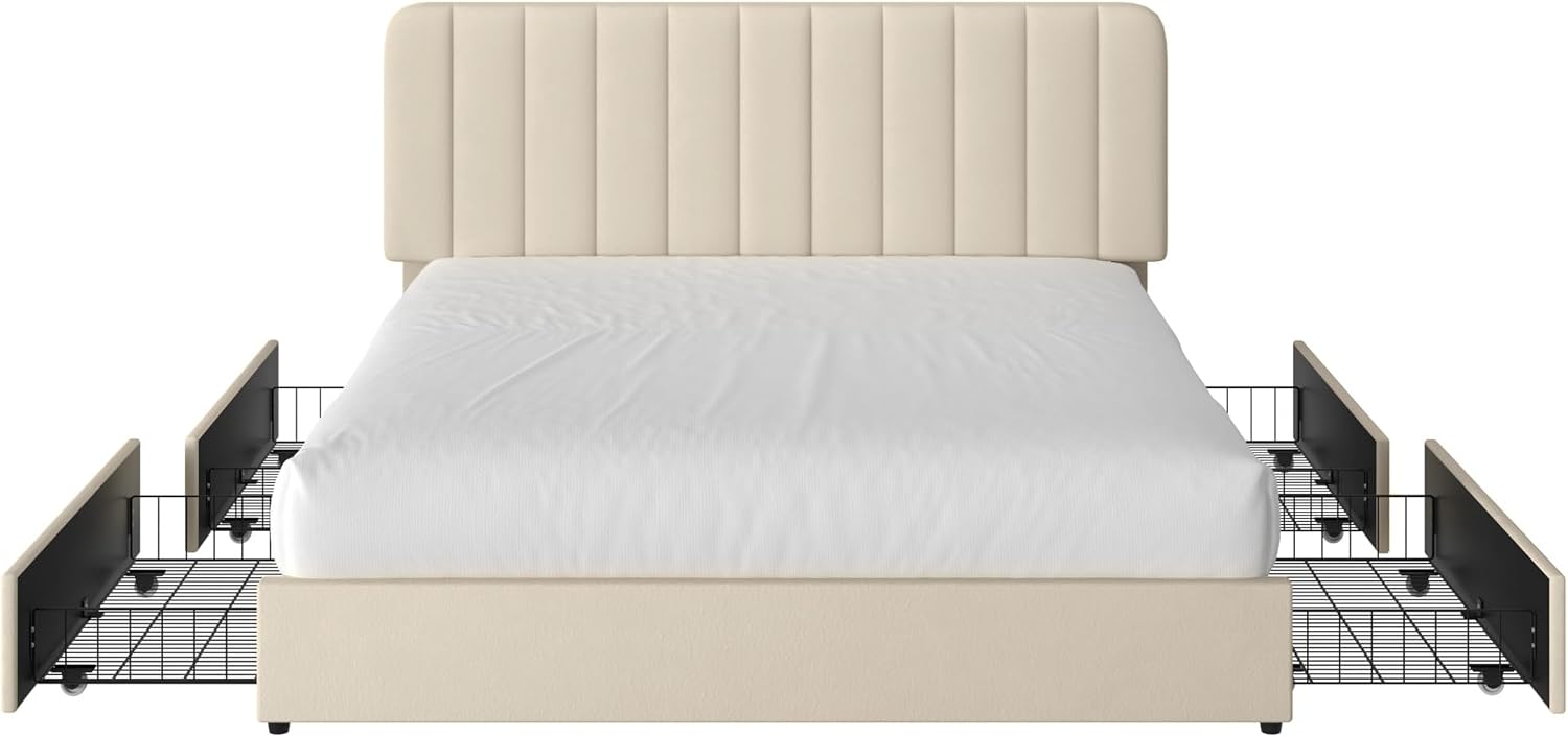 VECELO King Size Upholstered Bed Frame with 4 Drawers and Headboard, Velvet Platform Storage Bedframe, Wooden Slats Support, No Box Spring Needed,Bone Beige