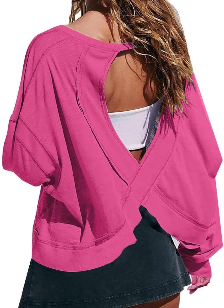 FMCHICO Backless Top for Women Crop Oversized Crewneck Pullovers Casual Loose Long Sleeve Shirts Running Y2k Yoga Outfits