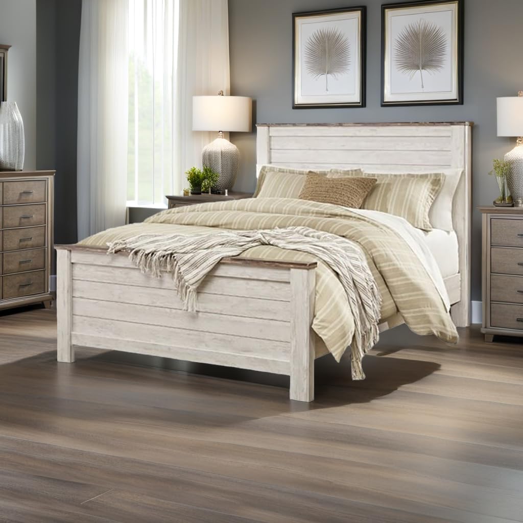 BOWERY HILL Queen Size Panel Bed with Headboard, Footboard in Wood, in White, No Box Spring Needed, Easy Assembly