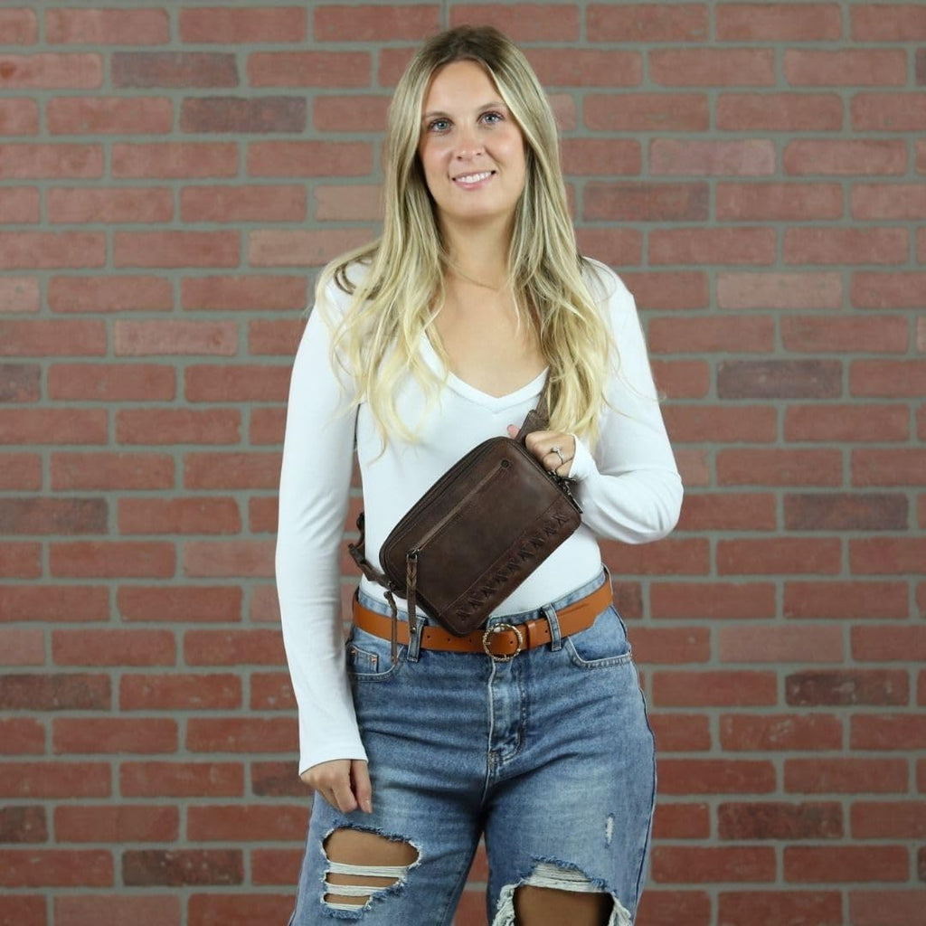 Lady Conceal Kailey Concealed Self Defence Waist Bag by Lady Conceal - Buffalo or Suede Cowhide Leather, 3 Open Sides and Locking Zippers with Universal Holster (Mahogany) - 8' L x 5.5' H x 2.25'