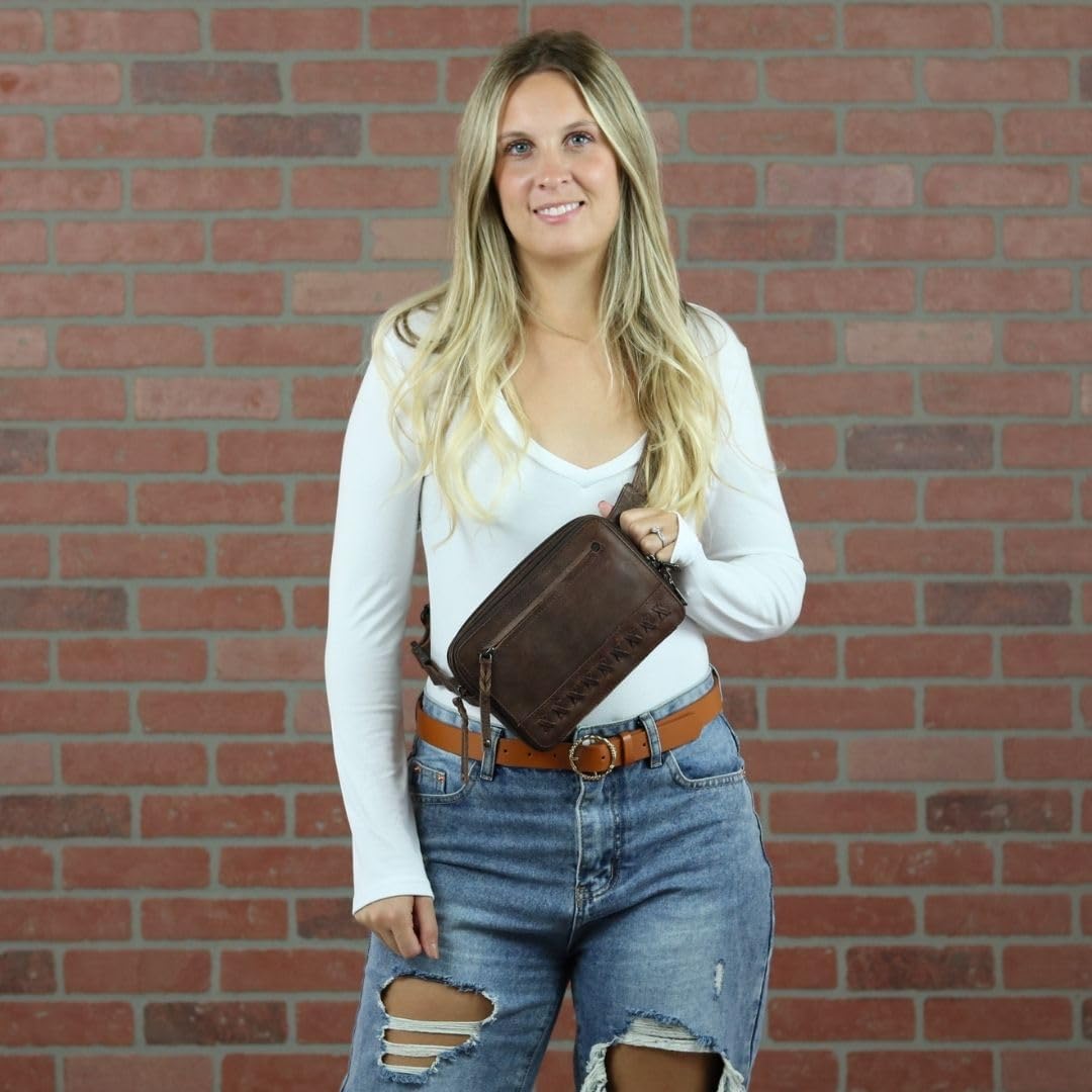 Lady Conceal Kailey Concealed Self Defence Waist Bag by Lady Conceal - Buffalo or Suede Cowhide Leather, 3 Open Sides and Locking Zippers with Universal Holster (Mahogany) - 8' L x 5.5' H x 2.25'
