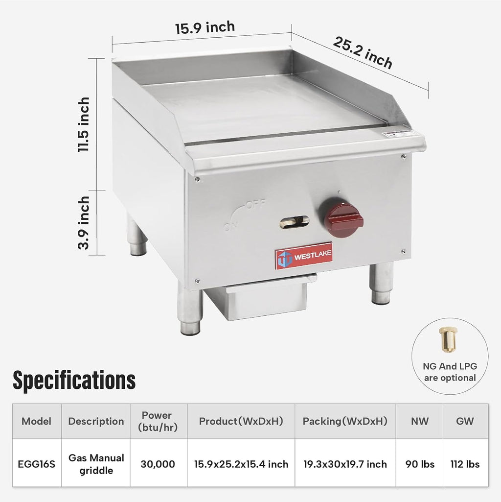 WESTLAKE 16'W Commercial Gas Griddle Countertop Natural Gas and Propane Griddle with Single Burners 30,000 BTU, Stainless Steel Plate Grill for Restaurants