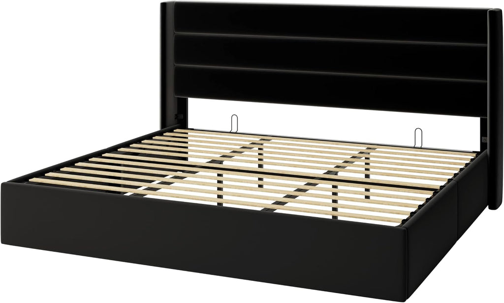 Allewie King Size Velvet Lift Up Storage Bed, Modern Wingback Headboard, Hydraulic Support, No Box Spring Needed, Black