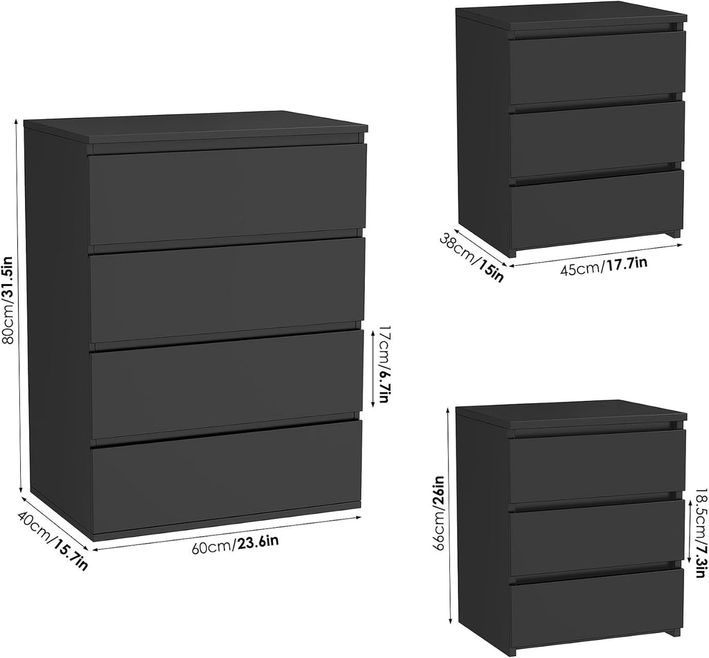 FOTOSOK Bedroom Set, White Dresser and Nightstand Sets for Bedroom, 3 Piece Bedroom Set, Night Stand Set of 2 & 4 Drawer Dresser Set, Chest of Drawers Storage Cabinet Set, Black