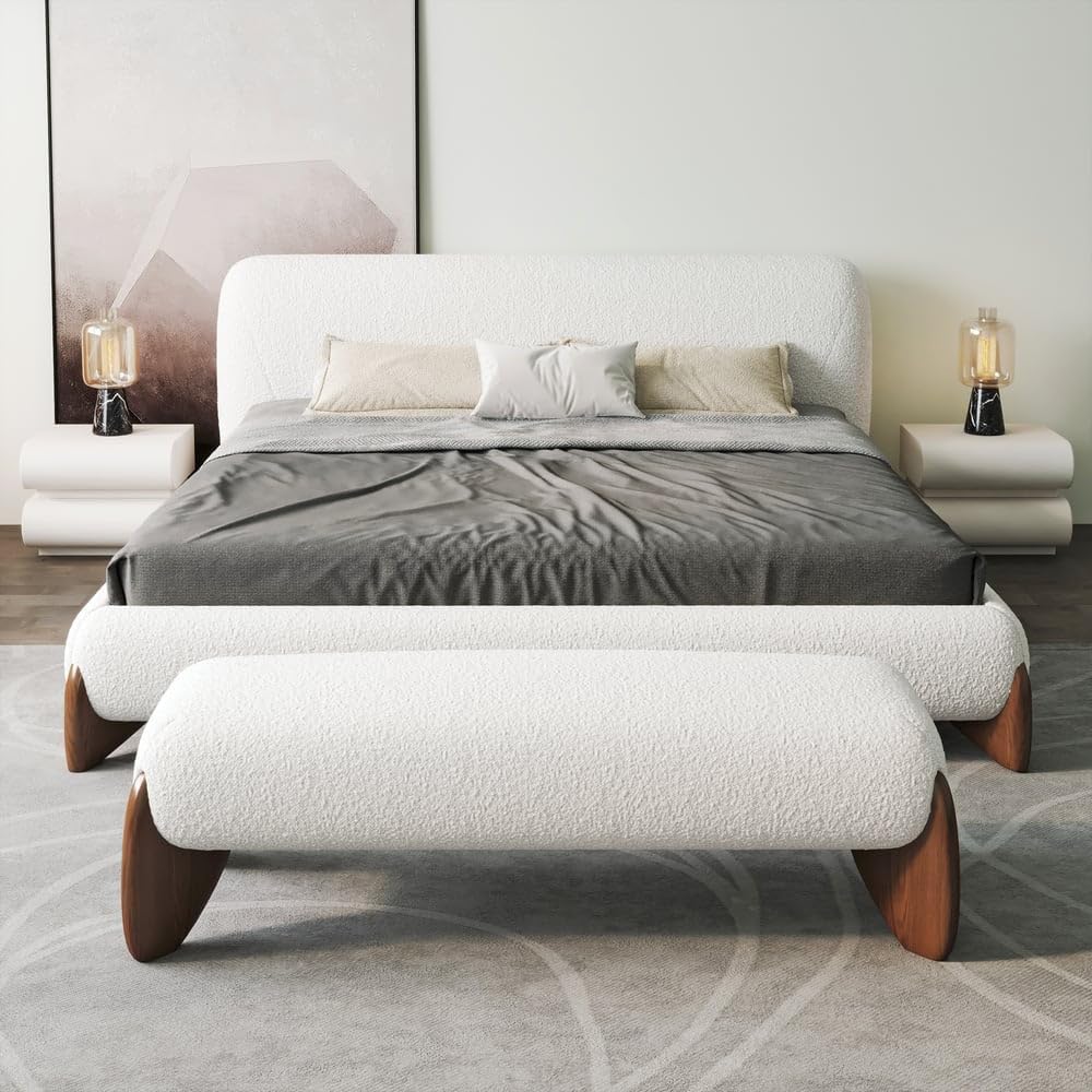 homary Modern Bedroom Furniture Set 2 Piece, White Boucle Queen Size Platform Bed Set & Bedroom Bench with Solid Rubber Wood Legs, Upholstered Headboard for Master Suite or Guest Room
