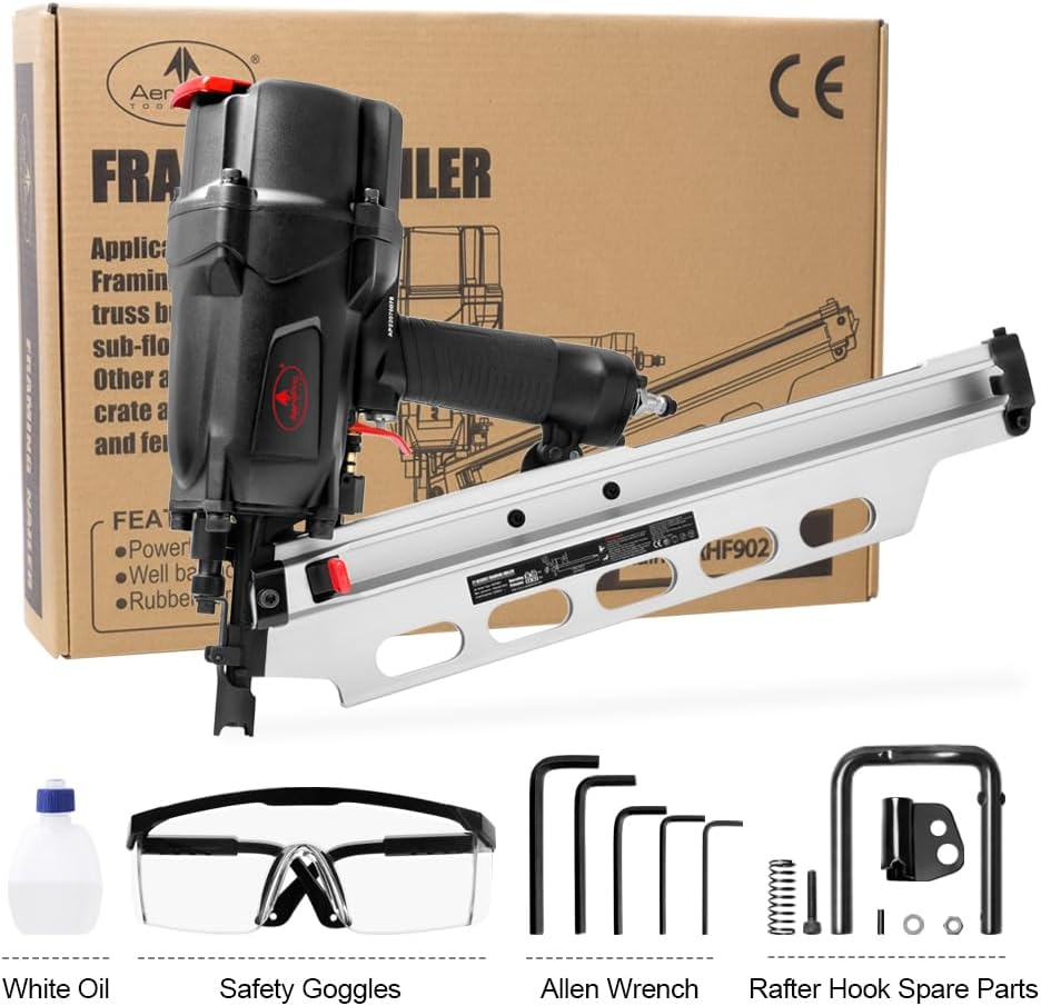 AEROPRO TOOLS Pneumatic Framing Nailer RHF9021, 21 Degree plastic collated nails from 2-Inch to 3-1/2-Inch With Toolless Depth Adjust,No Mar Tip and Rafter Hook