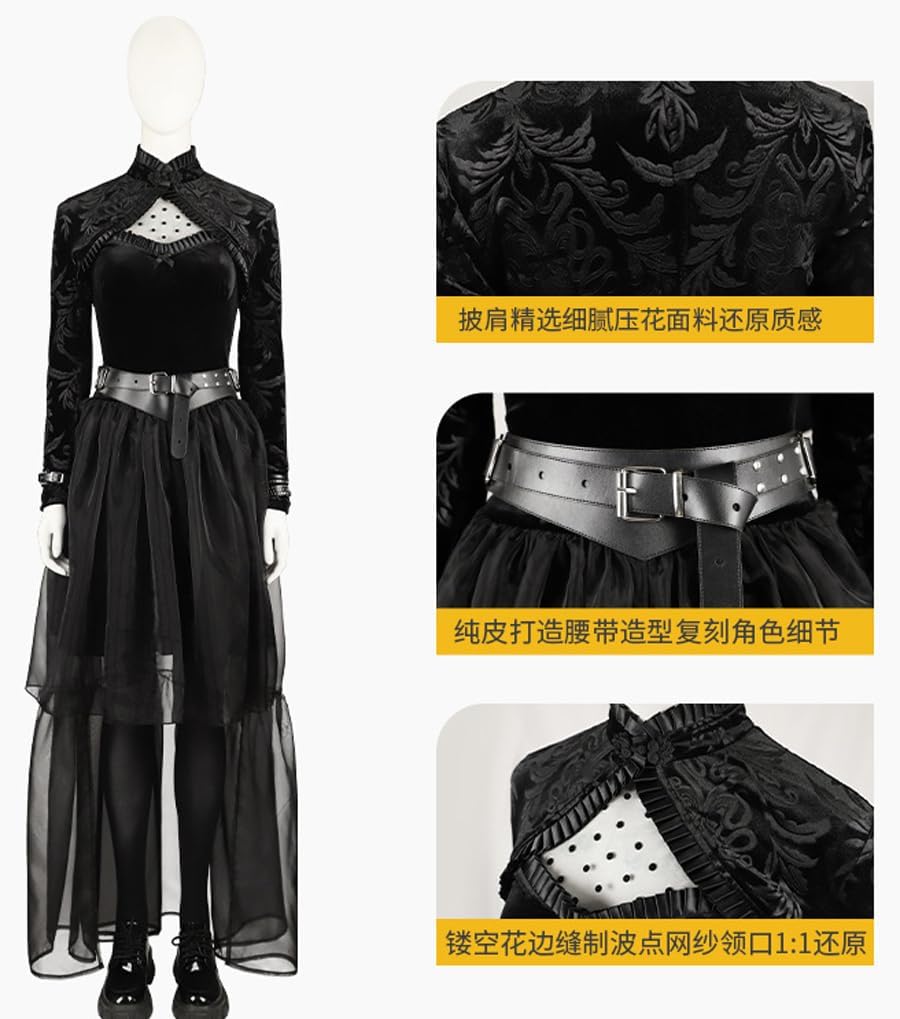 Women Lisa Frankenstein Cosplay Dress Belt Cape Black Dress Gothic Uniform with Shoes for Halloween Cosplay