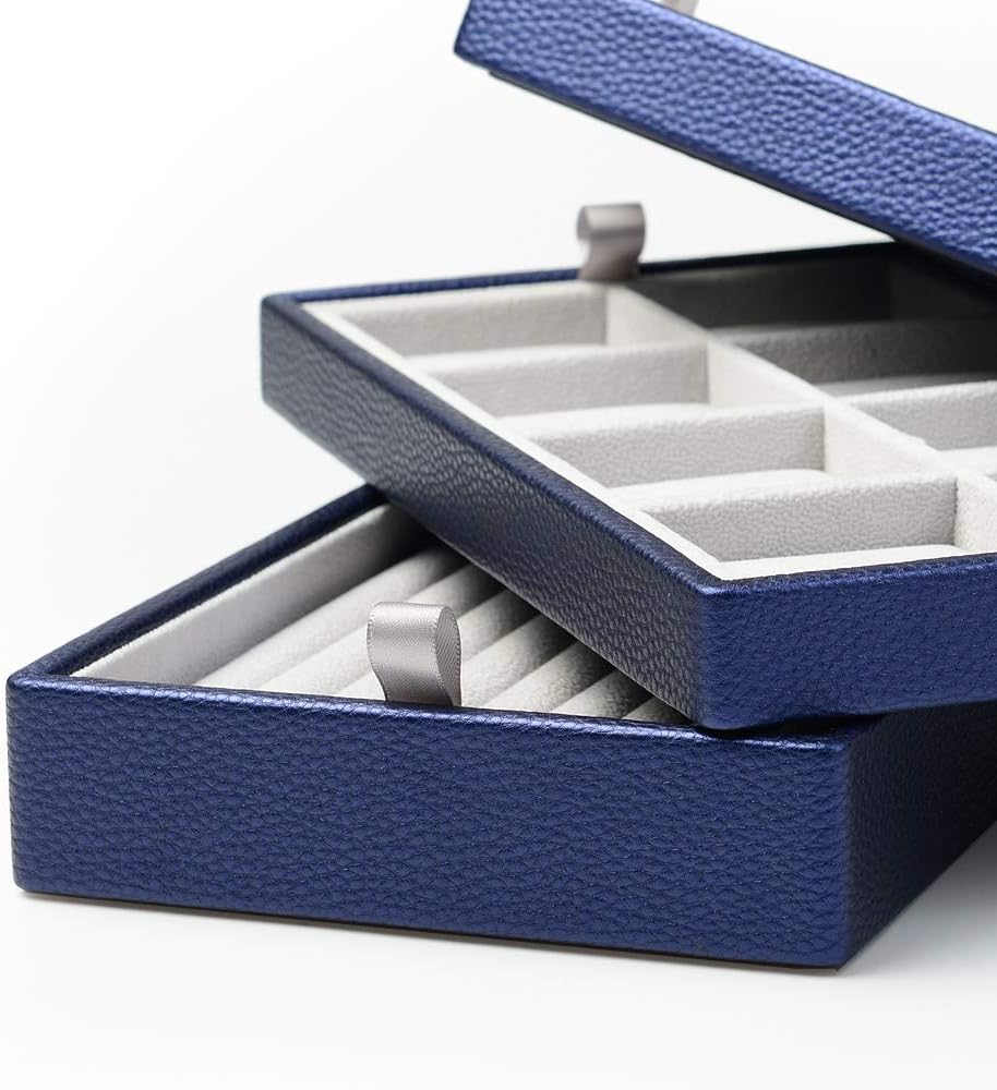 Oirlv Blue Leather Jewelry Box Handmade Travel Jewelry Organizer Storage Case Holder For Girl Lady Earring,Ring,Necklace,Pendant,Watch,Bracelet.(3 layers)