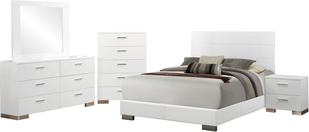 Coaster Home Furnishings Felicity Contemporary 6-Piece Bedroom Set Queen Size Panel Bed Frame 51-inch Headboard White High Gloss 203501Q-S6