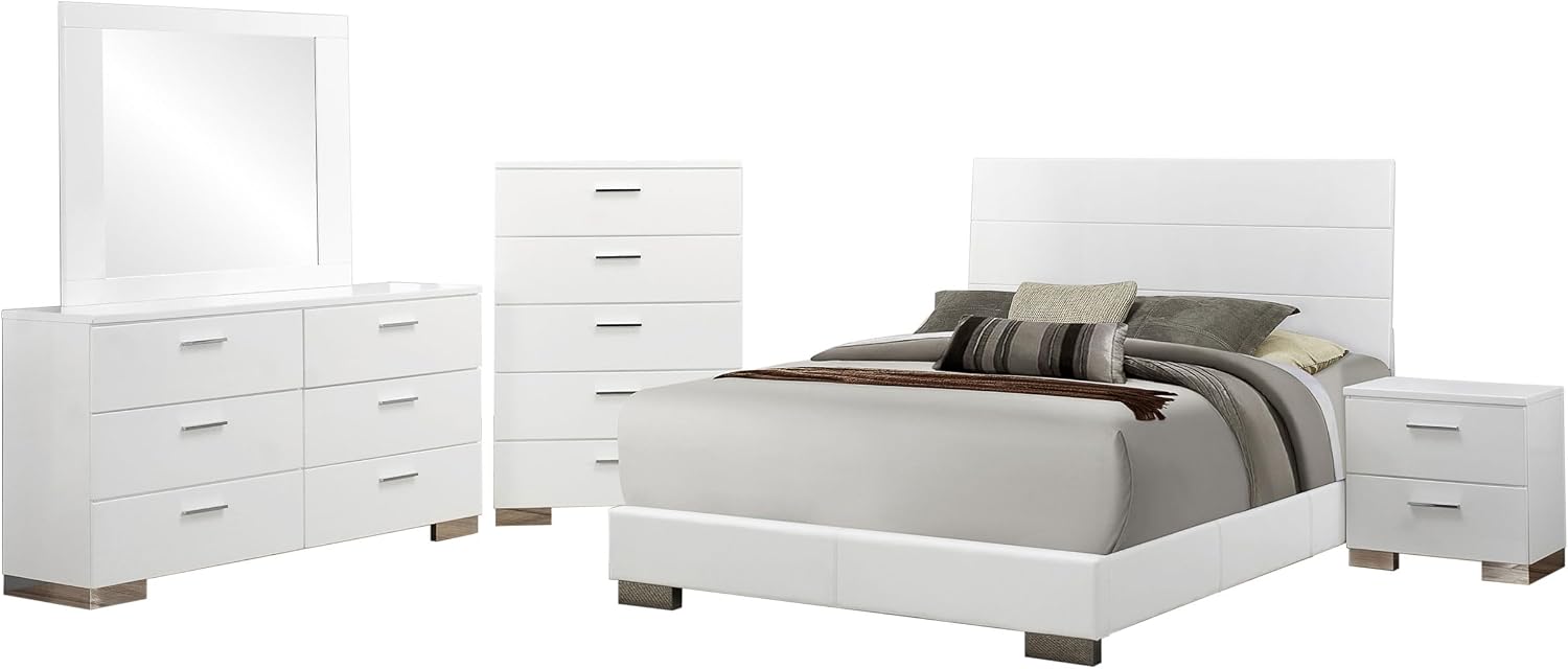 Coaster Home Furnishings Felicity Contemporary 6-Piece Bedroom Set Queen Size Panel Bed Frame 51-inch Headboard White High Gloss 203501Q-S6