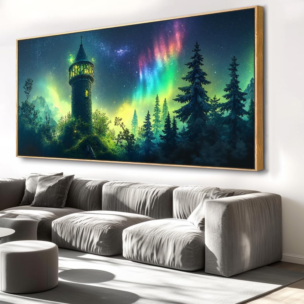 Aurora Landscape Wall Art - Framed Modern Canvas Painting for Living Room, Bedroom Home Office Decor, 60x30 Inch Ready to Hang