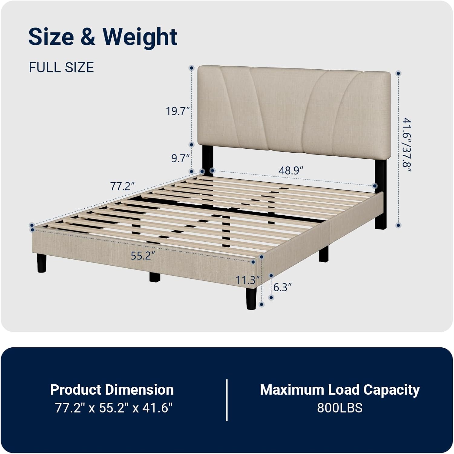 Avenco Full Bed Frame, Upholstered Platform Bed Frame with Adjustable Headboard, Wood Slat Support, Easy Assembly, No Box Spring Needed, Beige
