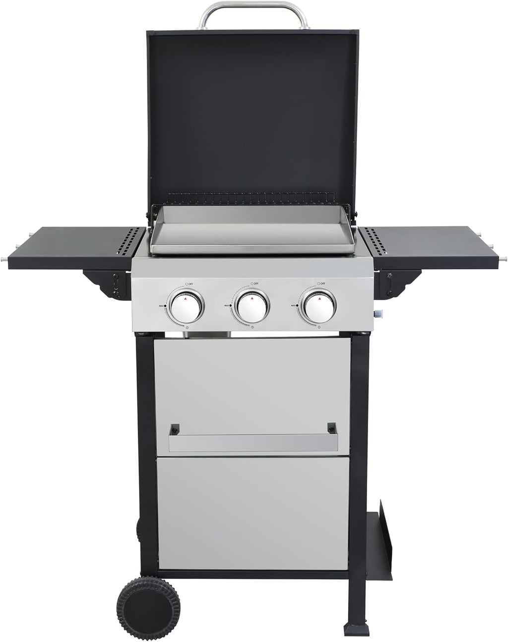 3-Burner Propane Gas BBQ Grill, Portable Outdoor Grill with Stainless Steel Plancha and 36900 BTU Output, Foldable Side Table & Hanging Baskets, Gas for Backyard, Camping and Tailgating (45 IN)