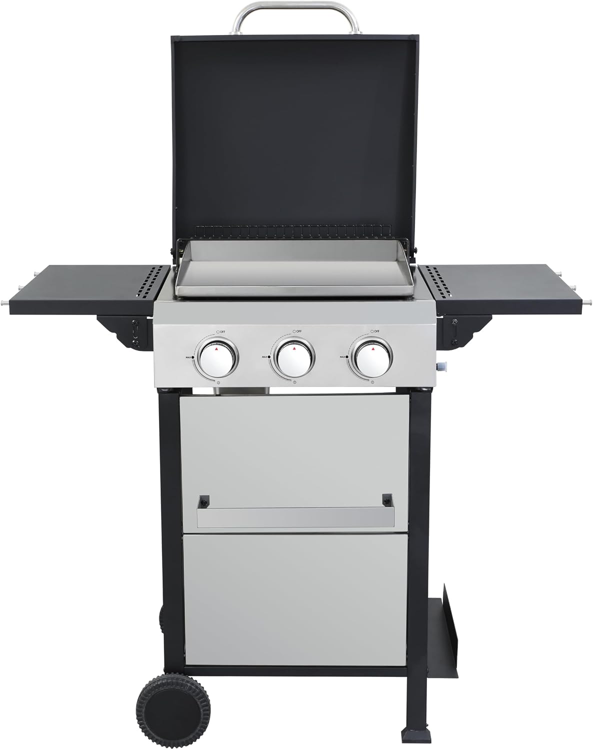 3-Burner Propane Gas BBQ Grill, Portable Outdoor Grill with Stainless Steel Plancha and 36900 BTU Output, Foldable Side Table & Hanging Baskets, Gas for Backyard, Camping and Tailgating (45 IN)