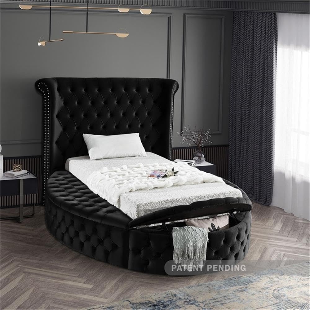 Meridian Furniture Luxus Collection Modern | Contemporary Round Shaped Velvet Upholstered Bed with Deep Button Tufting and Footboard Storage, Twin, Black