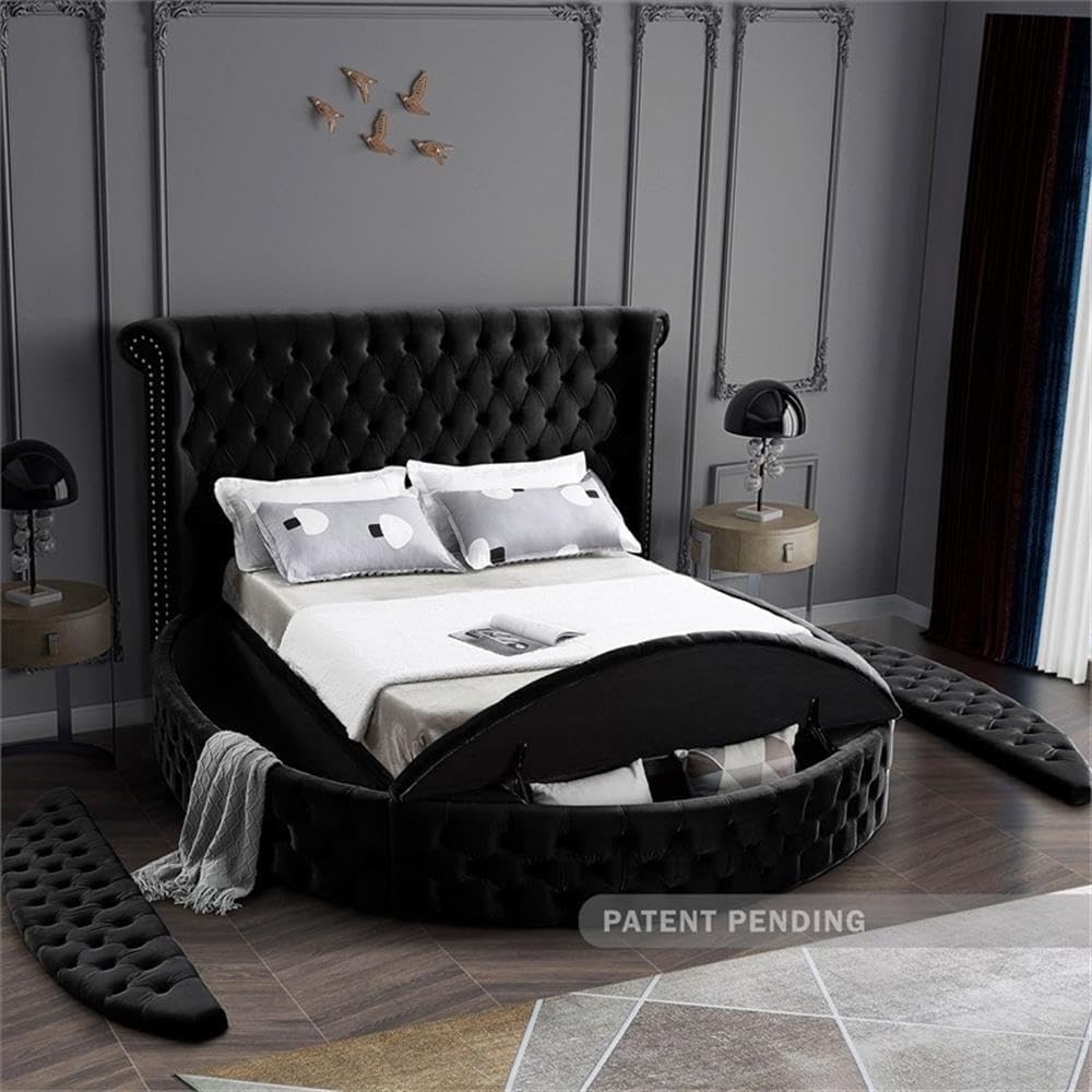 Meridian Furniture Luxus Collection Modern | Contemporary Round Shaped Velvet Upholstered Bed with Deep Button Tufting and Footboard Storage, King, Black