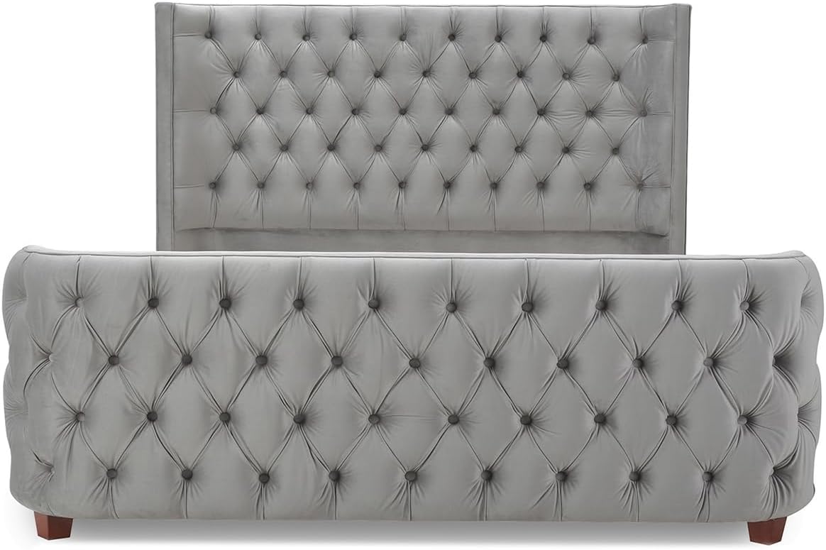 Jennifer Taylor Home Brooklyn Queen Tufted Panel Bed Headboard and Footboard Set, Opal Grey Velvet