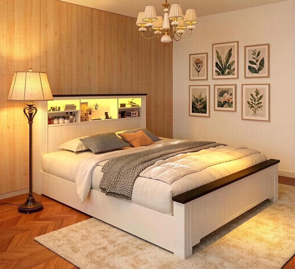 EnHomee Full Size Bed Frame with Storage, Full Bed Frame with 4 Drawers Charging Port & LED,Bed Frame with Headboard Built in Charging Station,No Box Spring Needed,NO Noise,White with Grain Marks