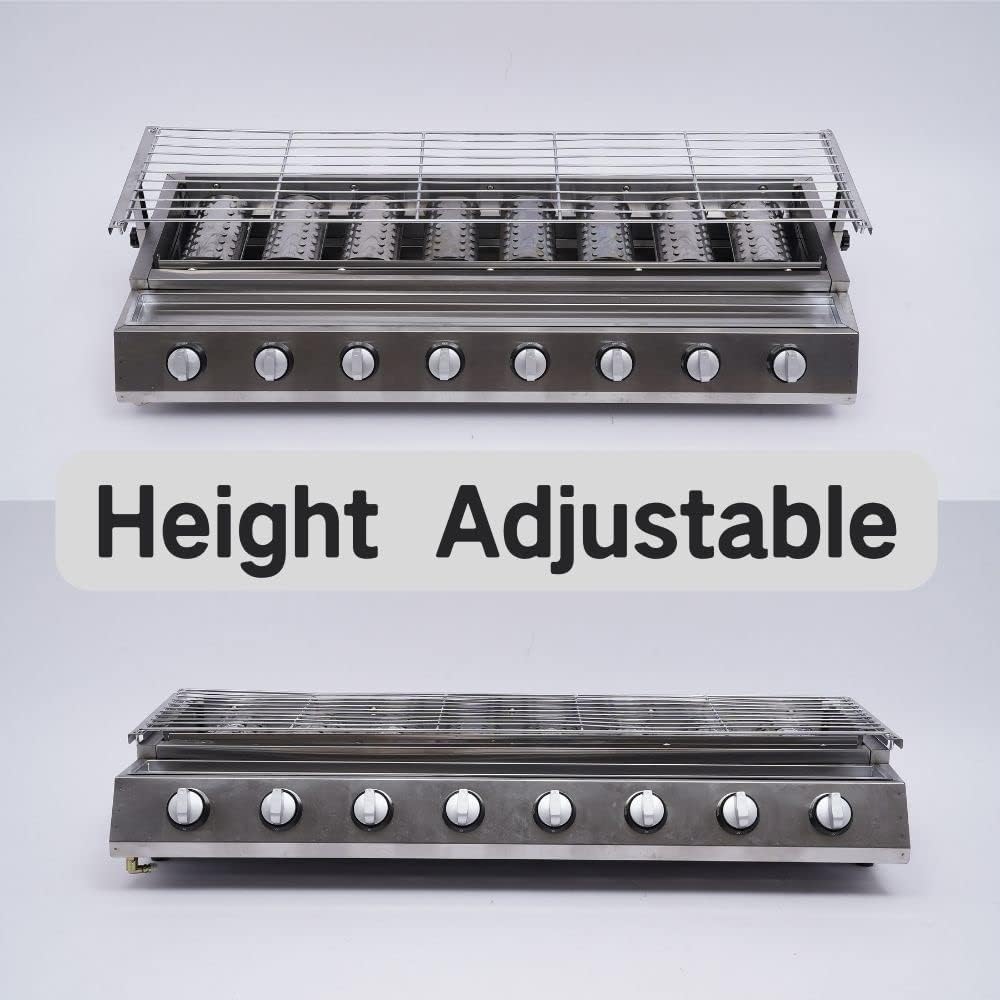 LOYALHEARTDY Gas Griddle Grill, Portable 8 Grill Ceramic Burners Outdoor BBQ Tabletop Cooker with Non-Slip Foot Pads, Height Adjustable Flat Top Gas Grill for Barbecue Restaurants, Food Stalls