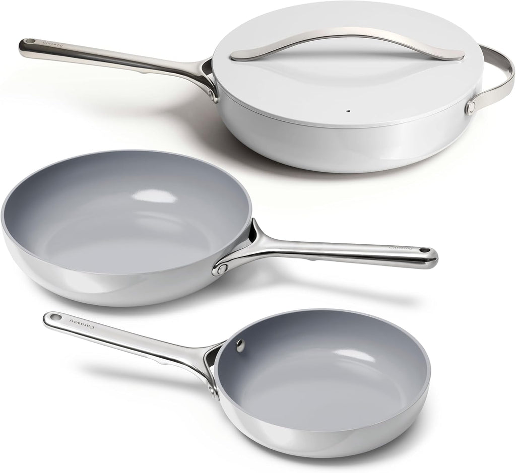 Caraway 4-Piece Fry Pan Set - Non-Stick Frying Pans (10.5' & 8') & Non-Stick Sauté Pan - Non Toxic, PTFE & PFOA Free - Oven Safe & Compatible with All Stovetops (Gas, Electric & Induction) - Gray