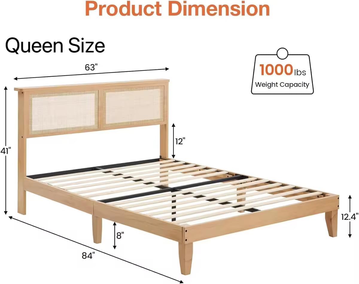 coucheta Rattan Bed Frame Queen with Natural Rattan Headboard,Queen Bed Frame with LED Lights,Rattan Queen Bed Frame with Headboard,Solid Wood Foundation with Silent Slats,No Box Spring Needed(Queen)