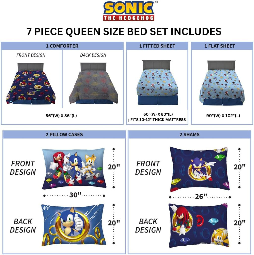 Franco Sonic The Hedgehog Anime Kids Bedding Super Soft Comforter and Sheet Set with Sham, 7 Piece Queen Size, (Official Licensed Product)