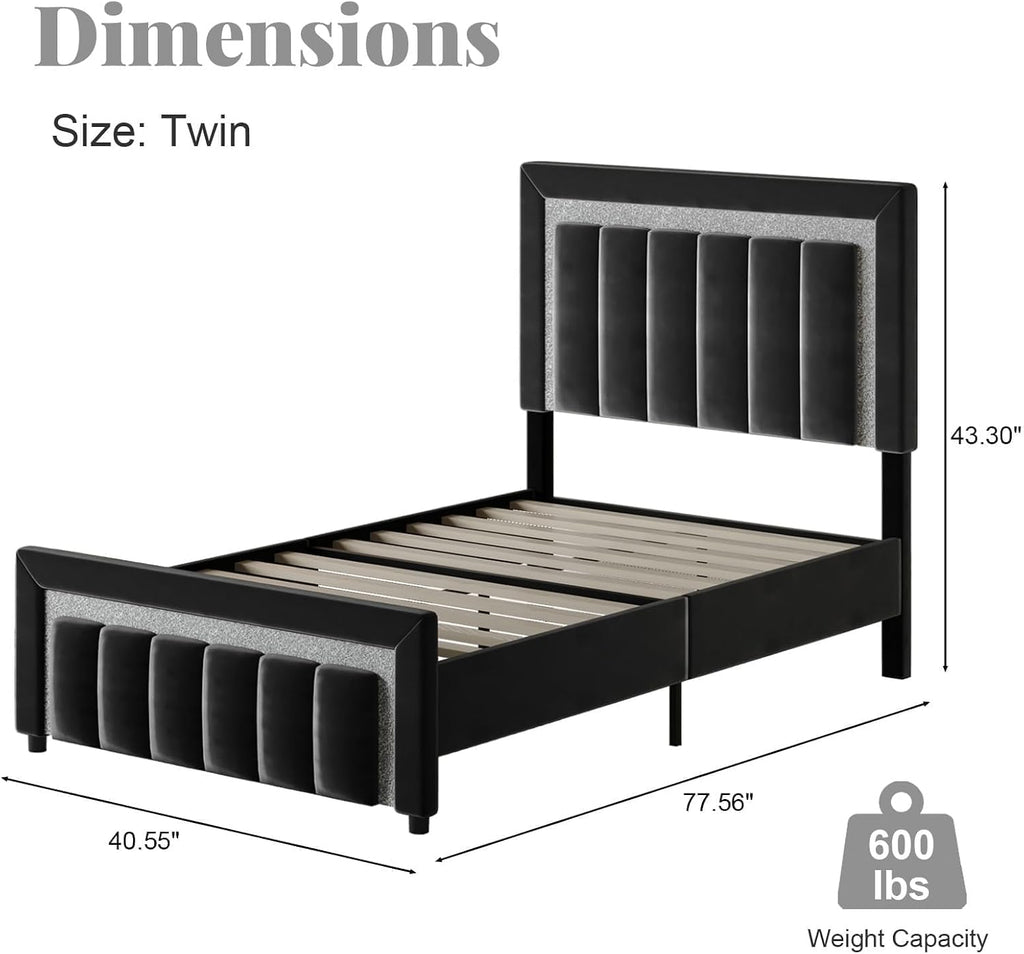 HOMBCK Twin Bed Frames, Twin Size Bed Frame with Diamond Velvet Design Headboard and Footboard, Upholstered Bed Frame with Wooden Slats Support, No Box Spring Needed, Easy Assembly, Black