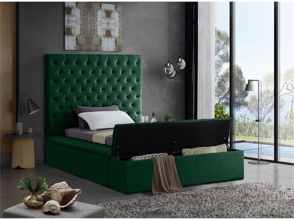 Meridian Furniture Bliss Collection Modern | Contemporary Velvet Upholstered Bed with Deep Button Tufting and Storage Compartments in Rails and Footboard, Green, Twin