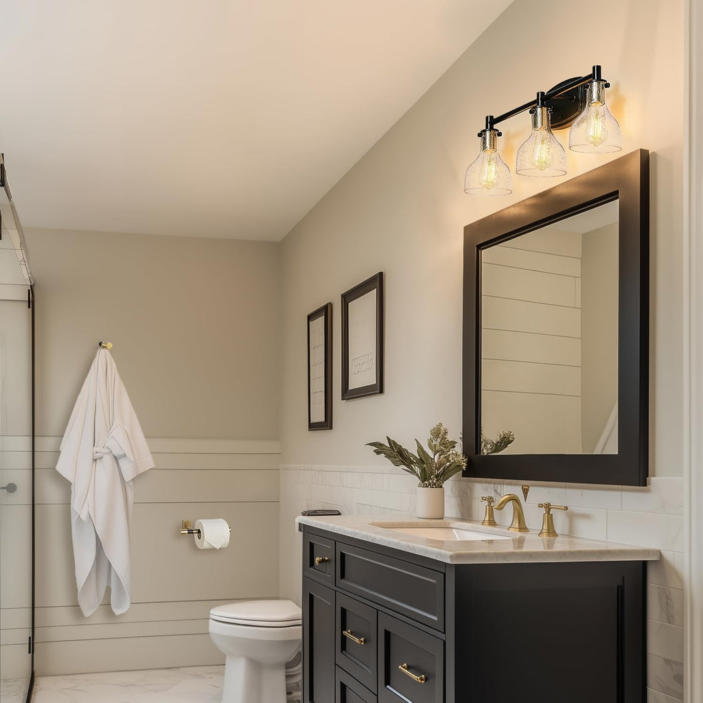 GLOBE Electric 63000062 5-Piece All-in-One Bathroom Set, Matte Black & Brass, 3-Light Vanity Light, Seeded Glass, Towel Bar, Toilet Paper Holder, Towel Ring, Robe Hook, Bathroom Lights Over Mirror