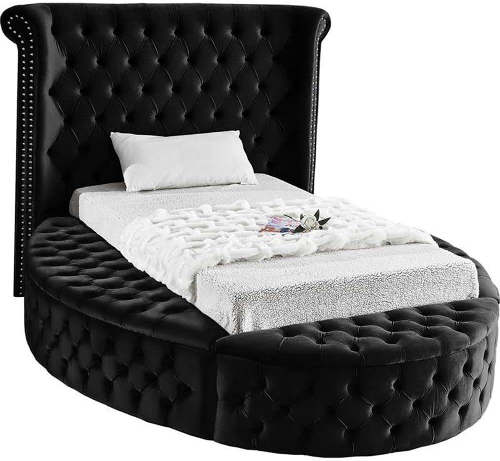 Meridian Furniture Luxus Collection Modern | Contemporary Round Shaped Velvet Upholstered Bed with Deep Button Tufting and Footboard Storage, Twin, Black