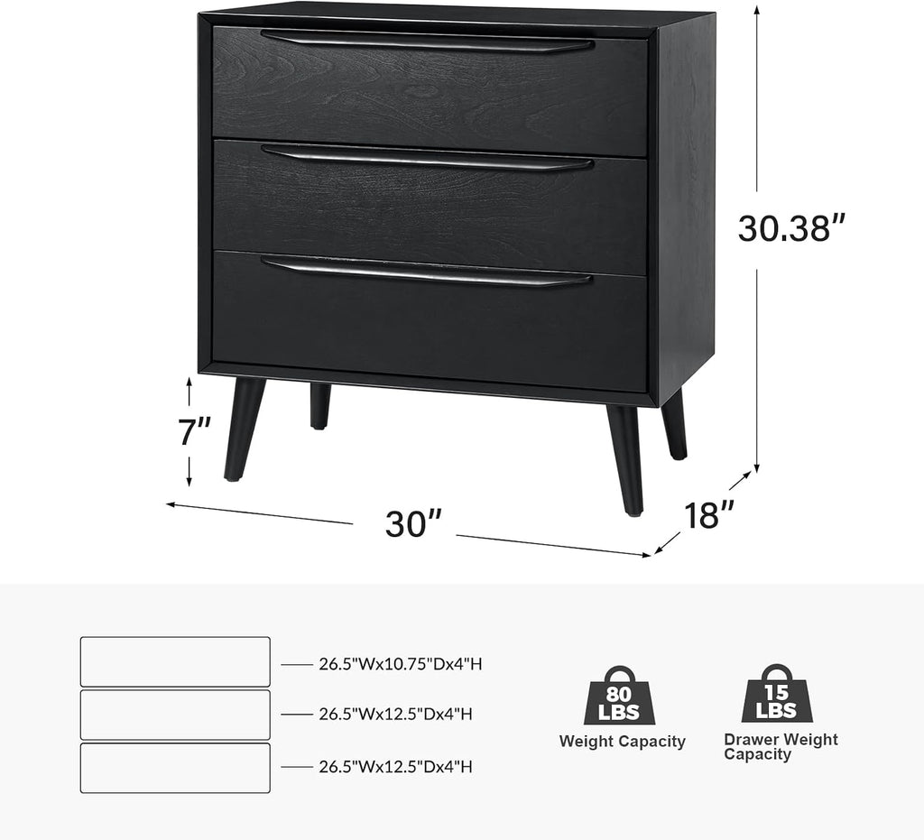 HULALA HOME Mid-Century Modern Nightstand, 3-Drawers Nightstand with Charging Station(Black)
