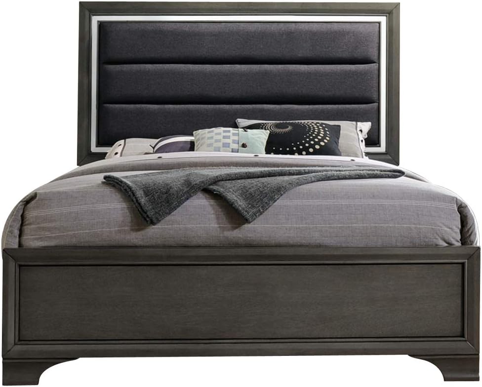 Kings Brand Furniture – 6-Piece Gray Wood with Faux Leather Headboard Queen Bedroom Set. Bed, Dresser, Mirror, Chest, 2 Night Stands