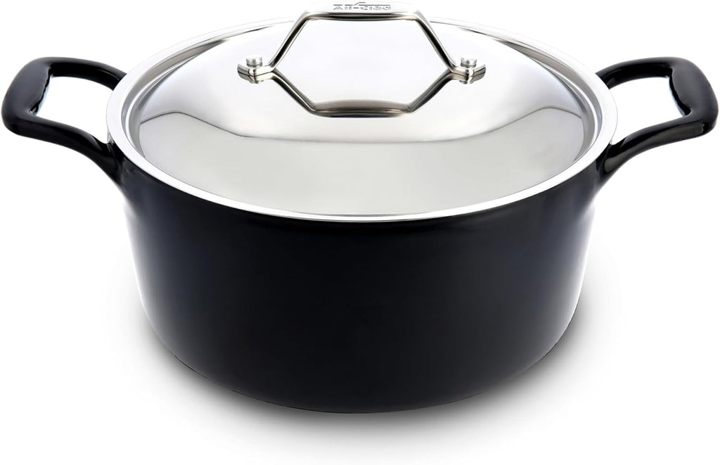 All-Clad Cast Iron Stockpot, 6 Qt Enameled Cast Iron Dutch Oven with Lid, Grill, Oven Safe up to 650F, Pot Compatible with All Stovetops (Gas, Electric & Induction), Easy-Clean, Cookware, Black