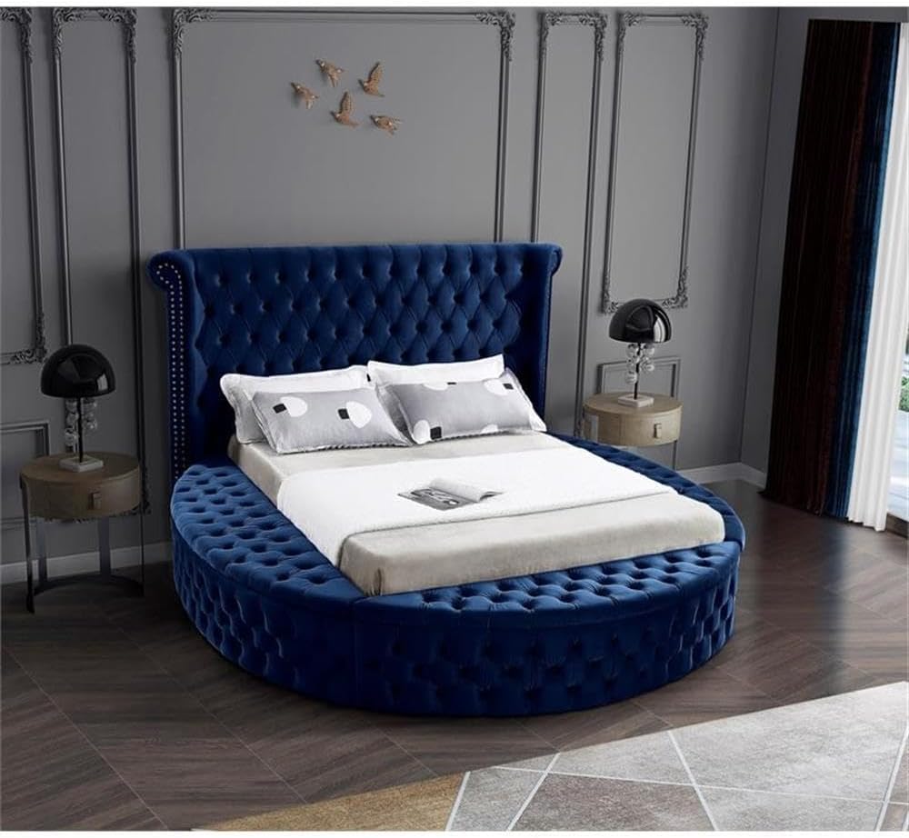 Meridian Furniture Luxus Collection Modern | Contemporary Round Shaped Velvet Upholstered Bed with Deep Button Tufting and Footboard Storage, King, Navy