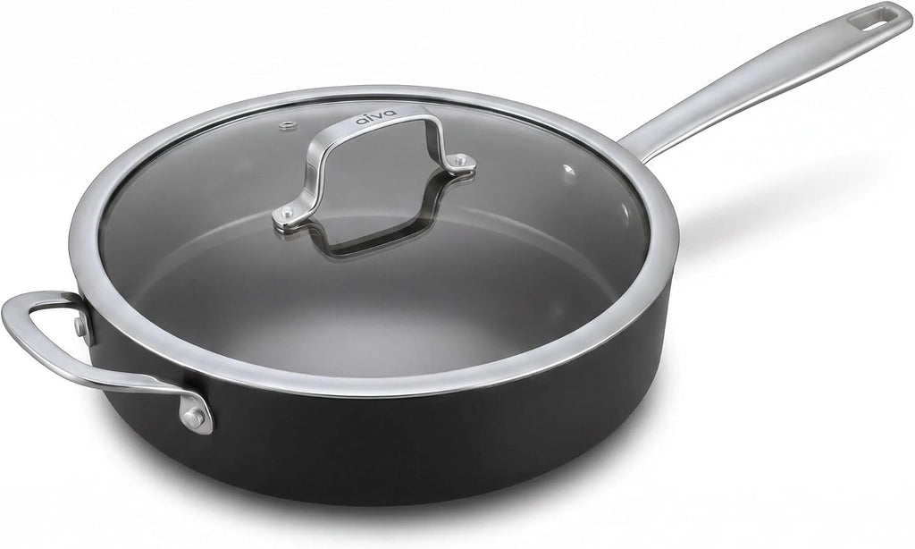 Alva Maestro 4QT Ceramic Nonstick Sauté Pan with Lid – Made With No PTFE, PFOA, PFAS, Oven & Induction Safe to 400°F – Easy Clean, Deep Sauté Pan for Family Meals, Braising & One-Pot Cooking