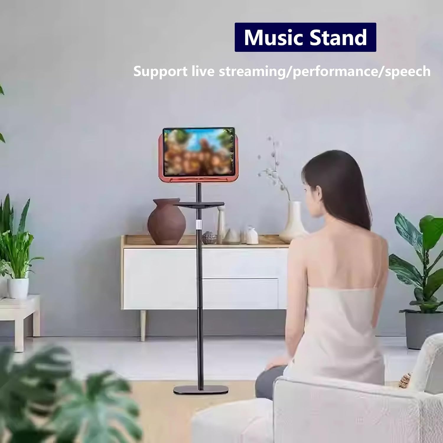 Music Stand,2 in 1 Dual-Use Folding Sheet Music Stand & Desktop Book Stand,Height Adjustable from 19.68' to 55.11',Equipped with Microphone Stand, Phone Holder and Tray