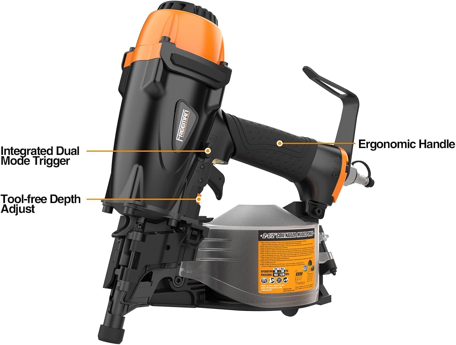Freeman Pneumatic 15 Degree 2-1/2' Coil Siding Nailer with Adjustable Metal Belt Hook | PCN65