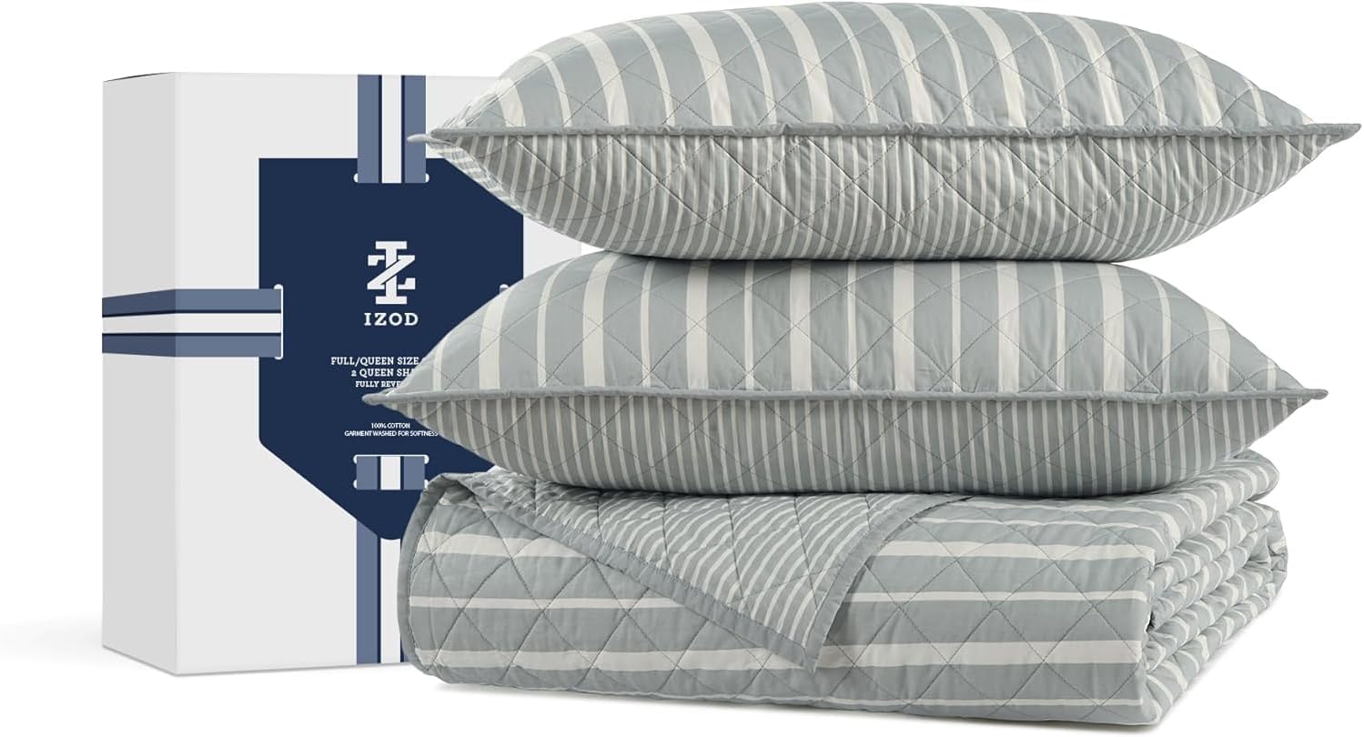 Izod 100% Cotton Percale Pre-Washed Quilt Set, Ultra-Soft & Reversible Bedding, Twin Sheets Set, Wrinkle-Resistant 2-Pc Cotton Bedspread with Matching Shams, All-Season Comfort - Grey Stripe
