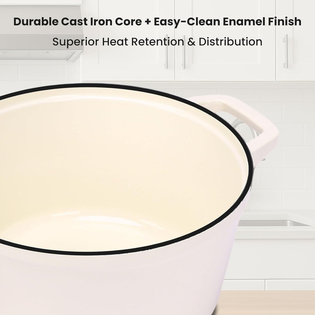 QuliMetal Enameled Cast Iron Set 5-Pc, 10' Stackable Space-Saving Cookware Set, Dutch Oven, Skillet, Grill Pan, with 2 Universal Lid, Versatile Enamel Dutch Oven, Included Spacers, White