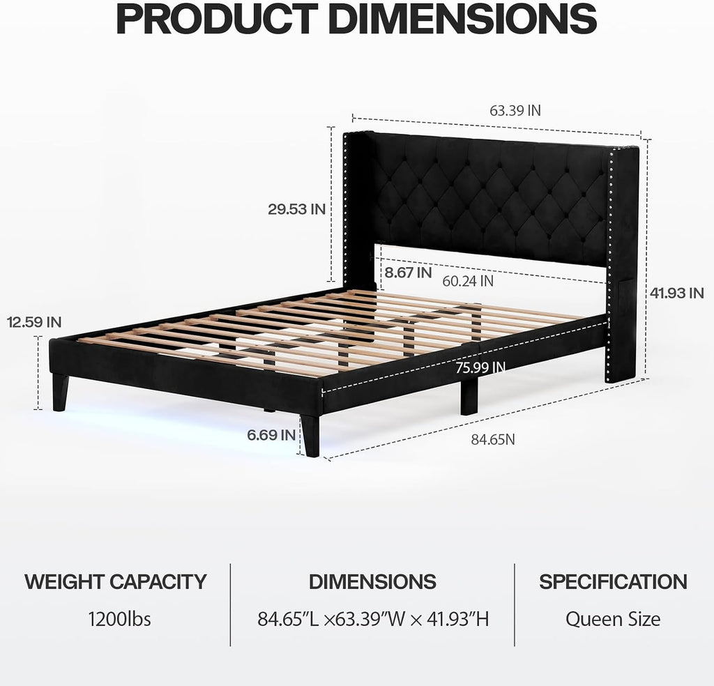 Lihimte Queen Size Bed Frame with Led Lights, Upholstered Velvet Platform Bed Frames with Button Tufted Wingback Headboard and Footboard, Wooden Slats Support, No Box Spring Needed, Black
